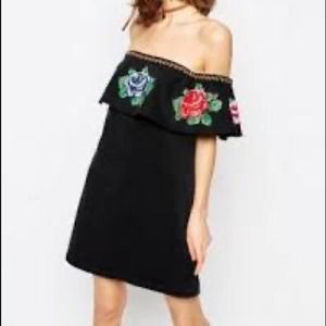 Asos Jean Dress Womens Size 6 Black Embroidered Floral Bardot Off the Shoulder